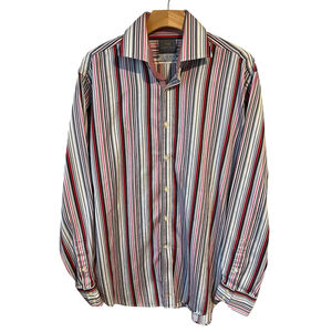 Thomas Dean Mens Shirt Large Red White Blue Striped